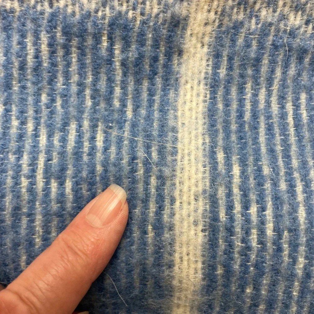 Vtg Poyet Motte France 100% Wool Blanket Size Queen Blue Plaid Woolmark 94x90